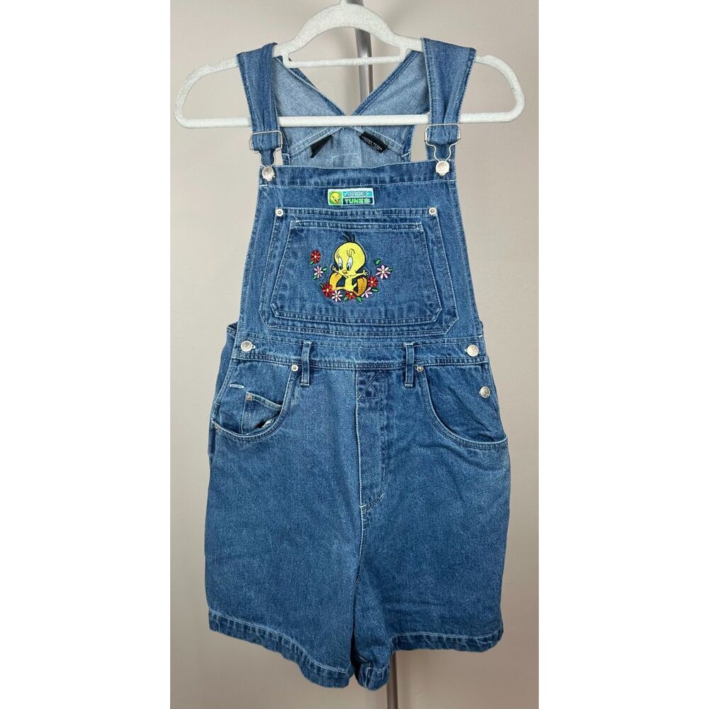 VTG Looney Tunes Denim Bib Shortalls Overalls Size M Blue Wash Tweety Bird
